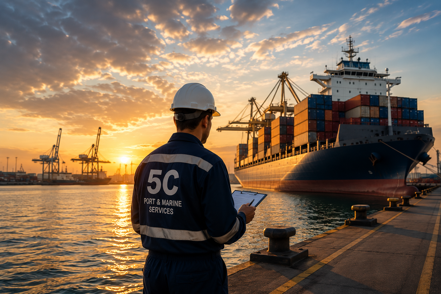 5C marine surveyor inspecting a container ship at port