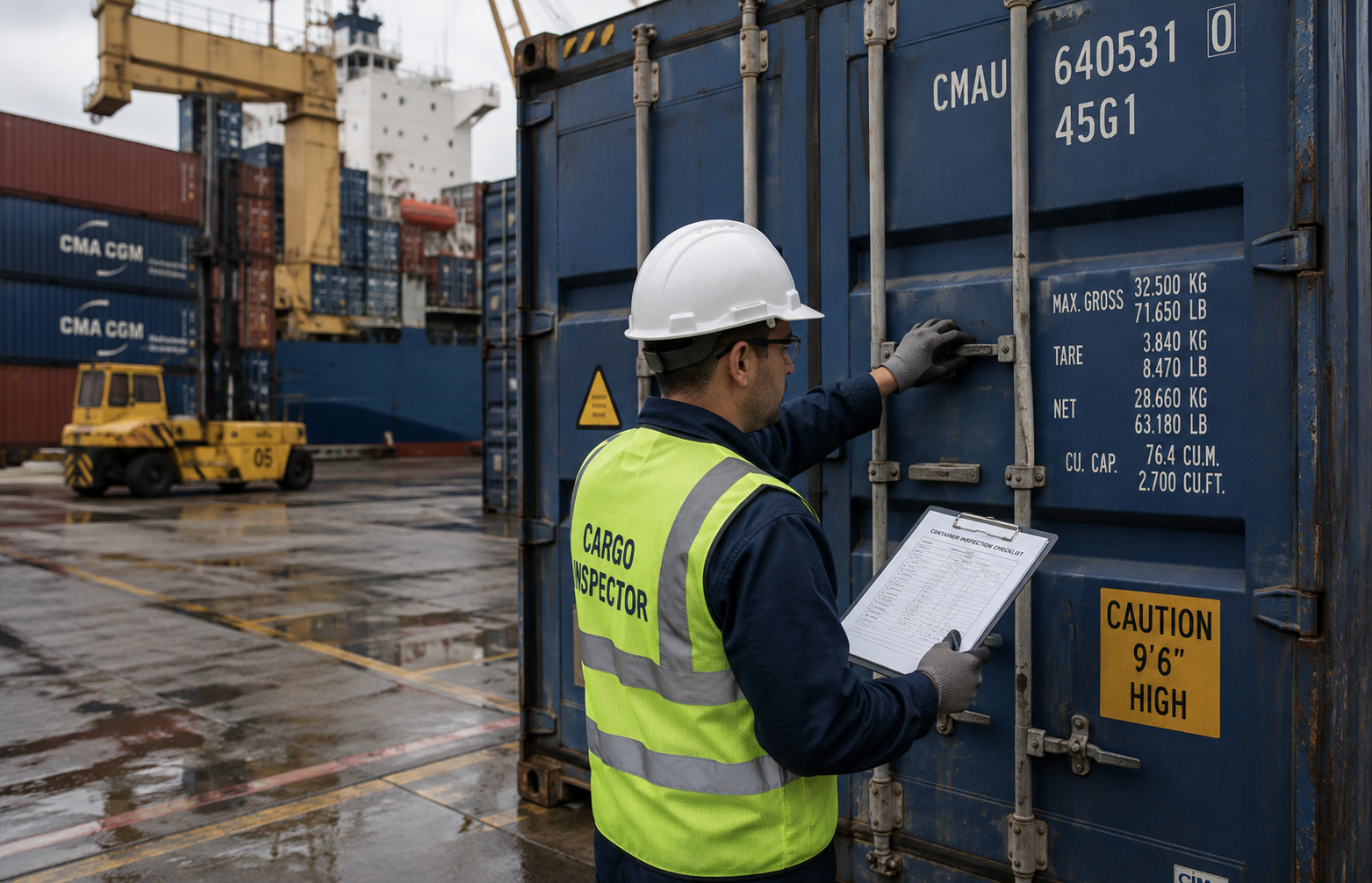 Cargo inspector checking a shipping container
