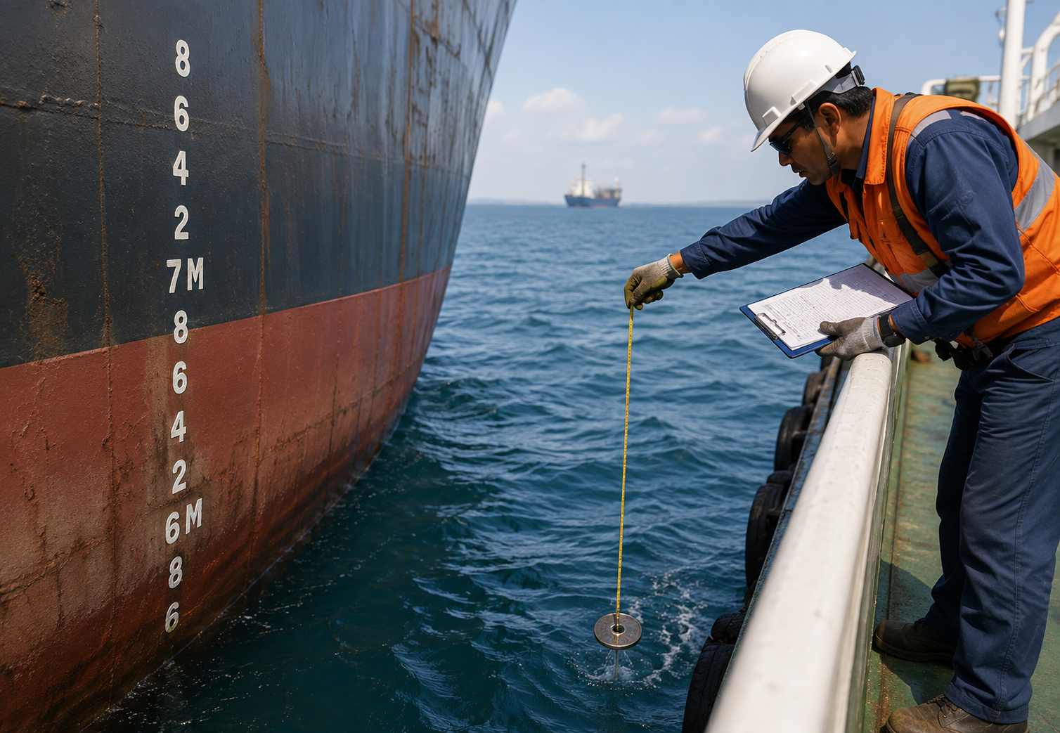 Draft survey measurement alongside a vessel