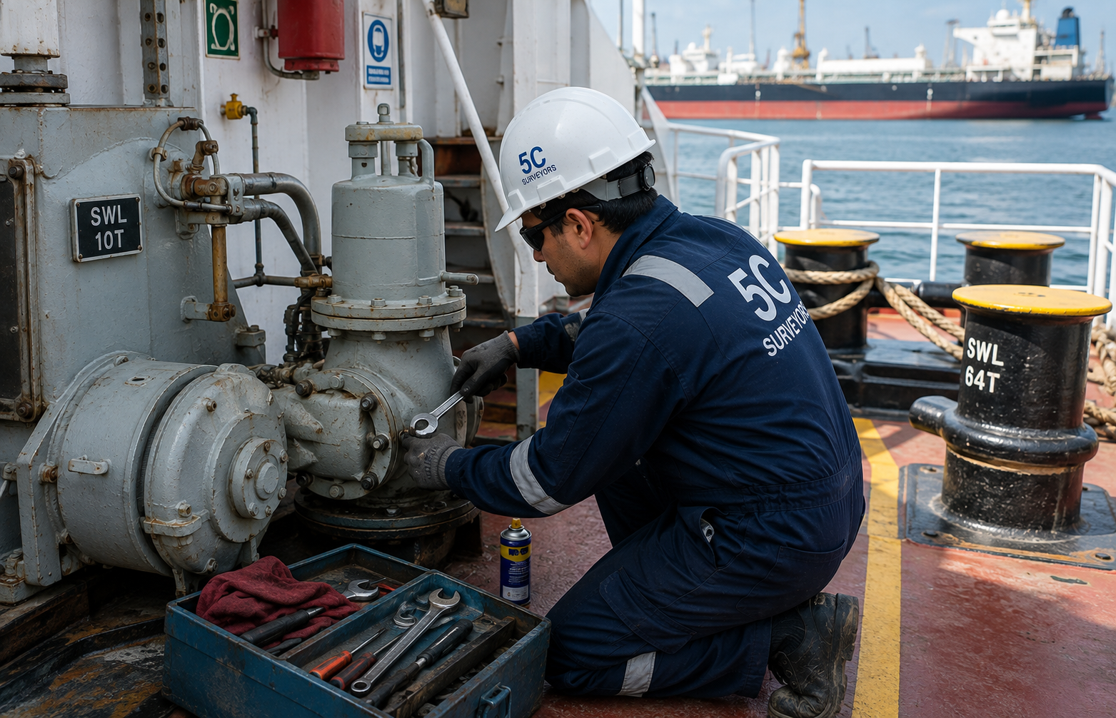 Marine maintenance and repair work aboard a vessel